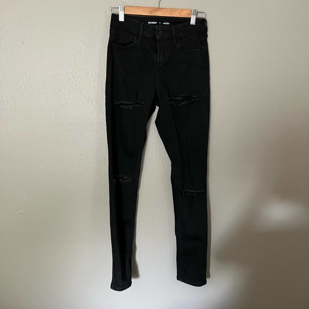 OLD NAVY Wow High Rise Black Distressed Straight Jeans Size 0 casual comfort